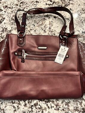 New Dana Buchman Bordeaux Faux Leather Shoulder Bag with Zebra-striped Interior